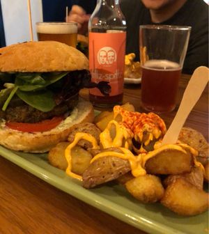 green burger & patatas bravas!  at Cat Bar in Barcelona