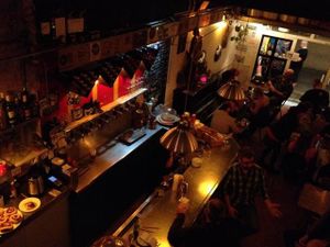 inside looking down from balcony  at Cat Bar in Barcelona