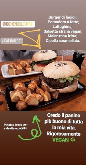 Burger+ patatas bravas+ coca cola at Cat Bar in Barcelona