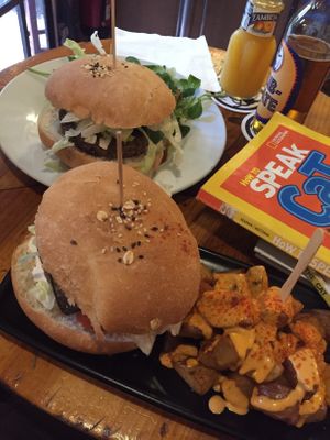 Green and black cat burger. Couldn’t  see difference, couldnt taste difference. at Cat Bar in Barcelona
