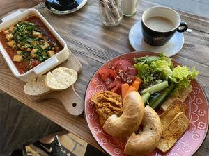 Breakfast: vegan shakshuka and vegan mix plate  at Gossip Cafe in Krakow