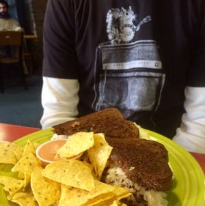 Tempeh Reuben and chips at Hard Times Cafe in Minneapolis