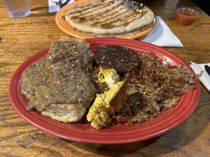 Began biscuit breakfast with gravy and  vegan pancake  at Hard Times Cafe in Minneapolis