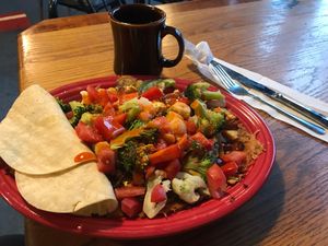 full vegan helter skelter with corn tortillas at Hard Times Cafe in Minneapolis