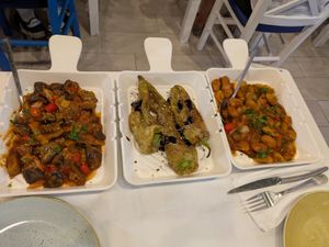 From left to right: aubergine , fried peppers and giant beans at Taverna Keri in Zakynthos