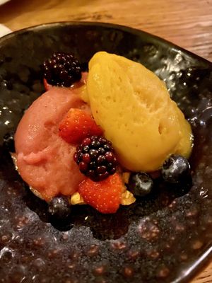 Strawberry and mango-passionfruit sorbet with red fruit  at De Botanist in Breda