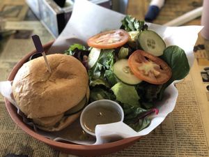 The Chic Fillet with side salad. It’s Dr. Praeger’s at Good Day Cafe in Surfside Beach
