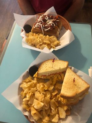 Vegan Mac n cheese grilled cheese sandwich and vegan hotdogs with jackfruit chili! Yum! at Good Day Cafe in Surfside Beach