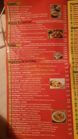 Menu at Shalimar in Witten