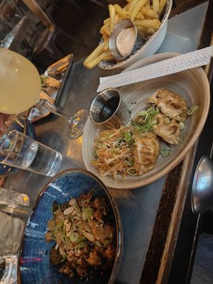Dumplings and cauliflower with peanut butter at The LoCo in Uppsala