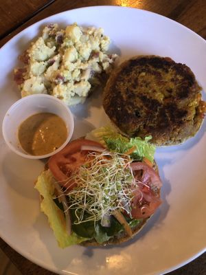 Veggie burger with potato salad at Lotus Cafe in Panama City Beach