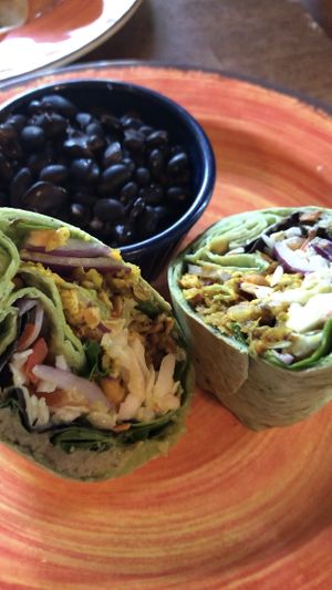 Veggie burger “the works” made into a wrap AMAZING at Lotus Cafe in Panama City Beach