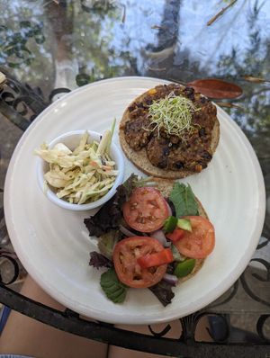 Veggie burger with zen slaw at Lotus Cafe in Panama City Beach