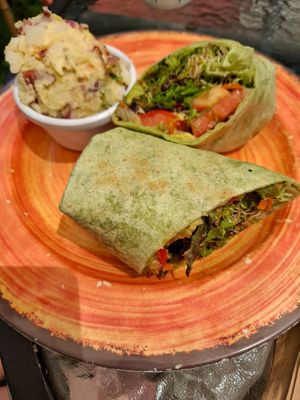 Veggie wrap with potato side at Lotus Cafe in Panama City Beach