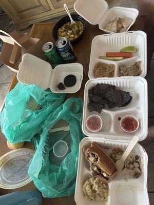 All vegan, potato salad and Philly, trio sampler, curry, brownie and chocolate, I had many bites before pic was taken   at Lotus Cafe in Panama City Beach