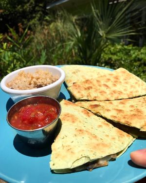Vegan quesadilla with rice and beans at Lotus Cafe in Panama City Beach