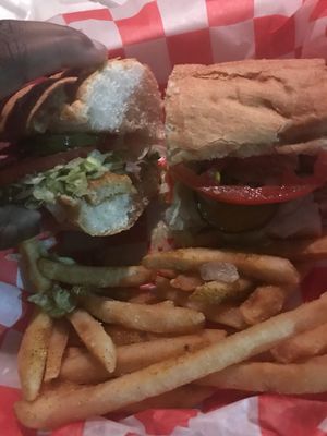 vegan chicken sandwich and seasoned fries at David's New Orleans Style Sno Balls in Panama City Beach