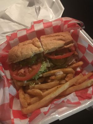 vegan chicken sandwich and seasoned fries at David's New Orleans Style Sno Balls in Panama City Beach