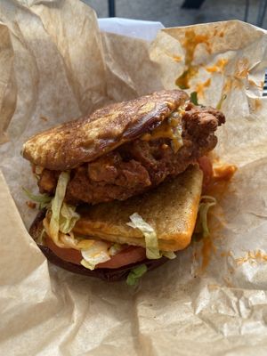 Nashville hot VFC with Just Egg at Nom Burgers in Austin