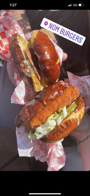 Hot chicken and breakfast burger   at Nom Burgers in Austin