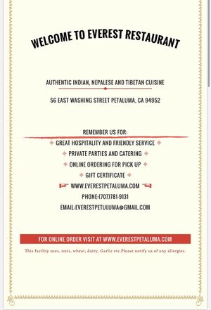 Menu at Everest Indian Restaurant in Petaluma