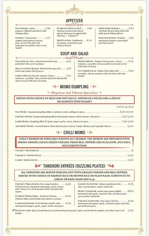 Menu at Everest Indian Restaurant in Petaluma