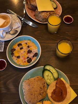 Vegan Breakfast in Food & Bottled, lots of vegan bread spreads, cheese, every hot beverage is available with soy & oat milk, and cereals with oat milk are provided as well  at Bottled in Osnabrueck