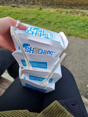 Vegan sausages and chips at Siaway Fish & Chips in Isle Of Skye