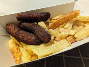 Vegan sausage supper at Siaway Fish & Chips in Isle Of Skye