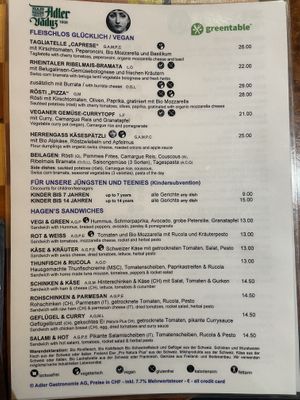 English menu  at Vanini in Vaduz