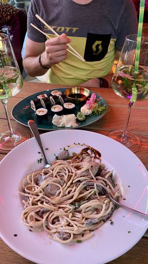 Creamy mushroom pasta & vegan sushi.  at S'Wirtshaus in Saalbach