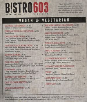 Vegan/Vegetarian menu 8-11-25 at Bistro603 in Nashua