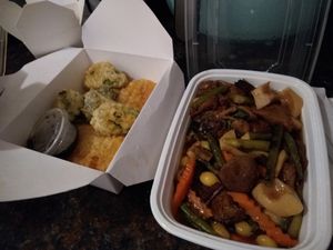 Veggie tempura (broccoli, sweet potato, bell pepper, avocado) and Three Cup Lion's Mane Mushroom at Veggie House  in Chicago