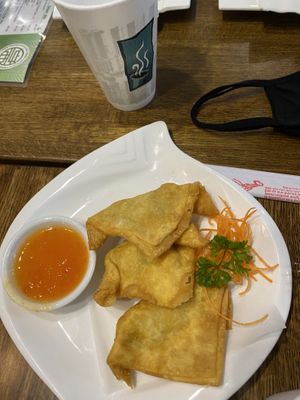 Vegetarian crab Rangoon (our Omni son was with us)  at Veggie House  in Chicago