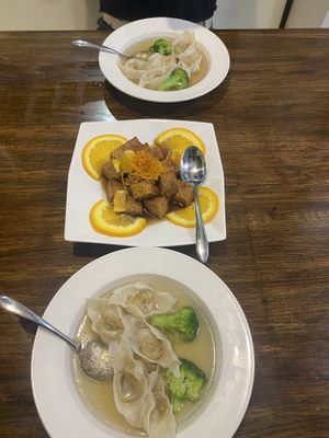 wonton soup, orange tofu at Veggie House  in Chicago