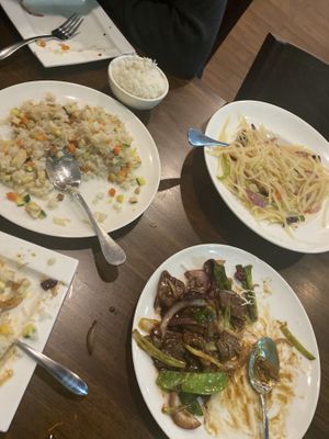 fried rice, wok fried potatoes, mongolian beef at Veggie House  in Chicago