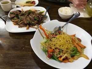 Mongolian Soy "Beef" and Singapore Noodles at Veggie House  in Chicago