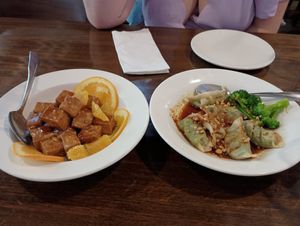 Orange tofu and spicy dumplings (appetizer) at Veggie House  in Chicago