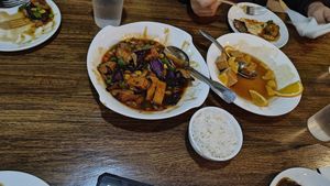 Eggplant with tofu and orange tofu at Veggie House  in Chicago