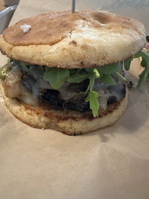 Portobello Birger with Vegan Bun, Cheese  & Vegan Mayo    at Haywood Common in Asheville