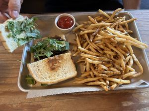 Vegan Mushroom Burger with fries   at Haywood Common in Asheville