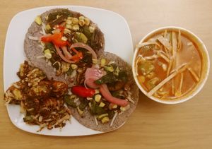 Rajas tacos (veganized), Brussels sprouts, and vegan lentil soup at Centro Neighborhood Kitchen in Burien