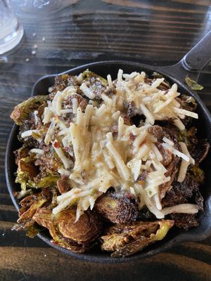 Brussel sprouts with vegan cheese  at Centro Neighborhood Kitchen in Burien