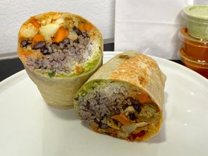 sweet potato + cauliflower burrito (plated at home) at Centro Neighborhood Kitchen in Burien