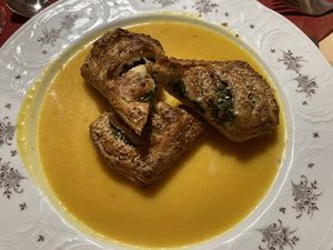 Spinach strudel with a chickpeas sauce   at Upländer Hof in Willingen Upland