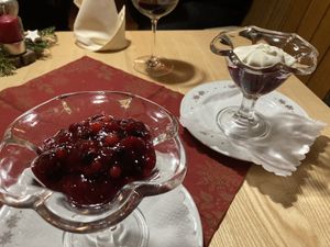 Red fruit for desert, instead of whipped cream extra fruit for me  at Upländer Hof in Willingen Upland