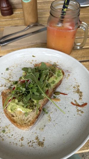 Smashed avocado, mango berry juice.  at Roam in Port Macquarie