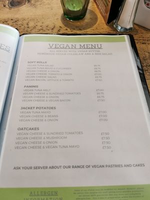Vegan menu (cakes available at counter and change say to day) at The Lime Lounge Coffee House in Bakewell