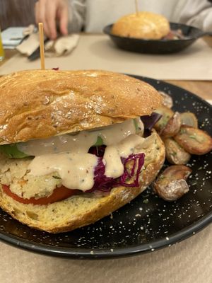 vegan seitan burger  at Fresh Green in San Sebastian