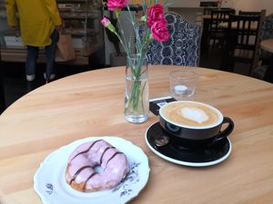 Very yummy strawberry-chocolate donut. at Round & Square in Helsinki